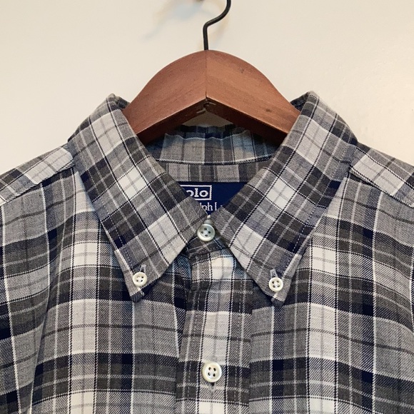 Vintage Polo by Ralph Lauren Grey Plaid Cotton Flannel Shirt Size Large - Picture 4 of 10